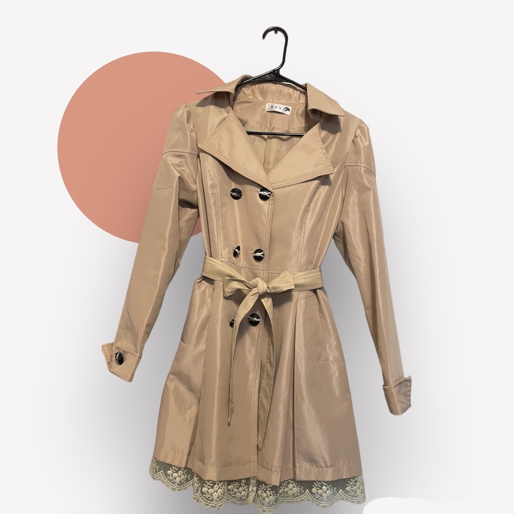 Womens Double-Breasted Bowknot Long Trench Coat with Belt and Lace Hem